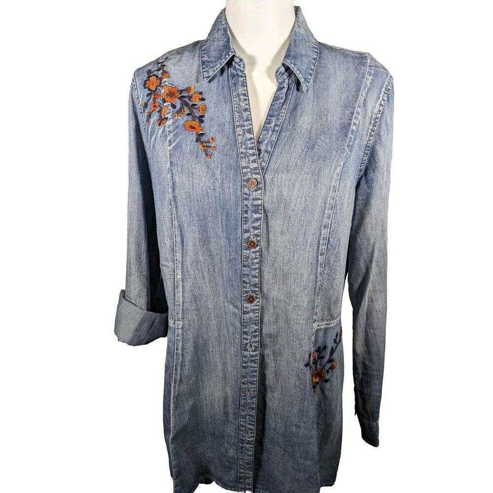 Vintage X America Womens Distressed Chambray Embroidered Jacket Sz L Bust41"